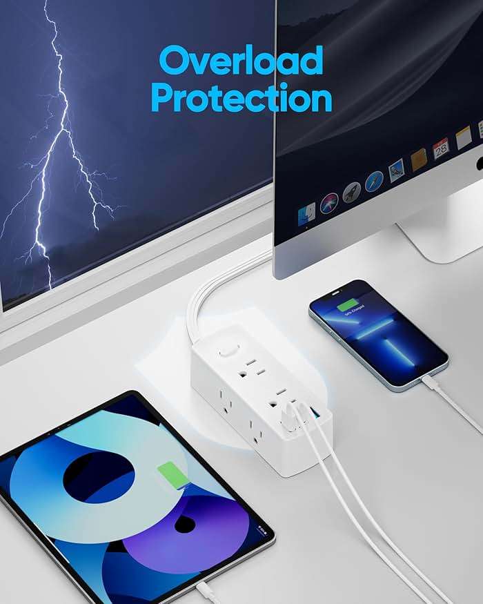 Olcorife Flat Plug Power Strip with 5 FT Extension Cord, 6 Outlets 3 USB Ports(1 USB C), 3 Sided Outlet Extender for Home Office Travel Dorm Room Essentials, White - Image 6