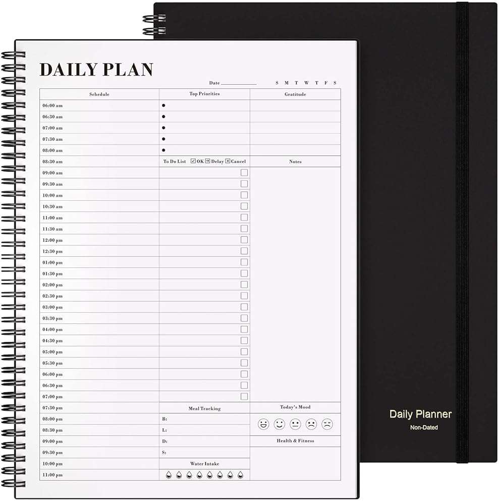 Planner Undated, Asten Daily Planner Agenda with To Do List, Hourly Schedules for Women and Men, Spiral Appointment Book with Elastic Closure, Inner Pocket 8.5" x 11" (Black) - Image 1