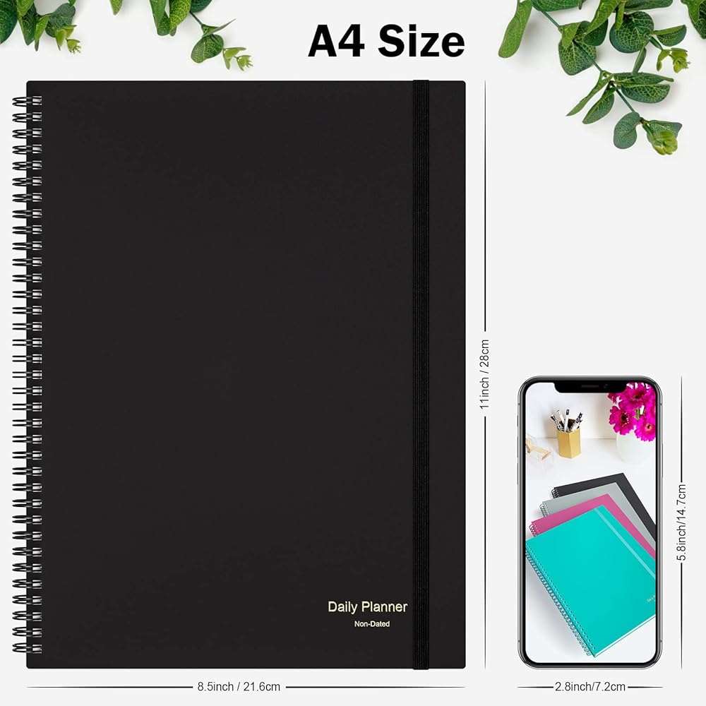 Planner Undated, Asten Daily Planner Agenda with To Do List, Hourly Schedules for Women and Men, Spiral Appointment Book with Elastic Closure, Inner Pocket 8.5" x 11" (Black) - Image 2