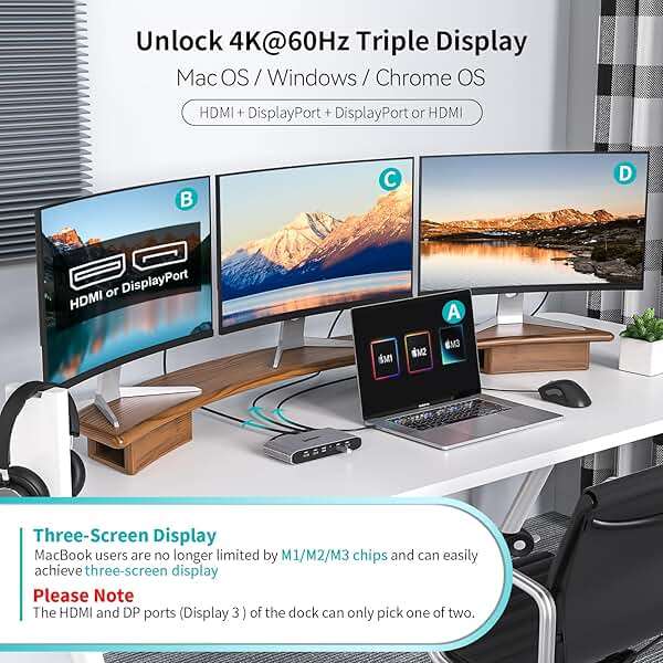 Minisopuru Displaylink Triple Display Docking Station for MacBook M1/M2/M3/M4/Windows,DisplayLink Docking Station with 2 HDMI & 2 DisplayPort,100W Charge, USB-C Data, Ethernet, Audio, 4 USBA Ports - Image 3