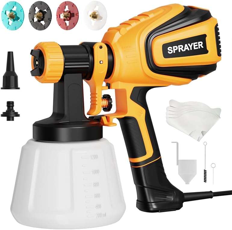 VONFORN Paint Sprayer, 700W HVLP Spray Gun with Cleaning & Blowing Joints, 4 Nozzles and 3 Patterns, Easy to Clean, for Furniture, Cabinets, Fence, Walls, Door, Garden Chairs etc. VF803 Yellow - Image 1