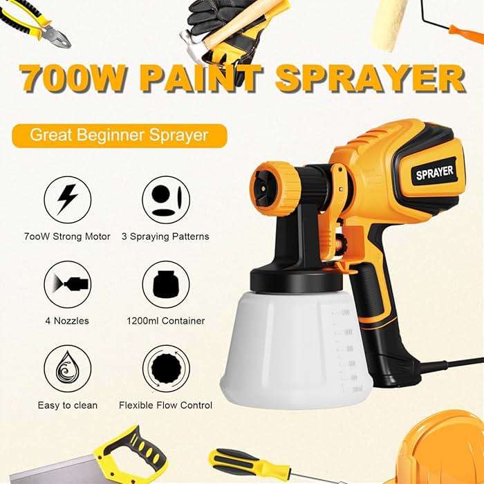 VONFORN Paint Sprayer, 700W HVLP Spray Gun with Cleaning & Blowing Joints, 4 Nozzles and 3 Patterns, Easy to Clean, for Furniture, Cabinets, Fence, Walls, Door, Garden Chairs etc. VF803 Yellow - Image 2