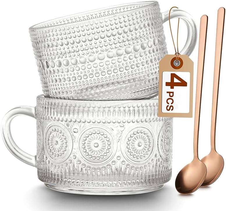 Mfacoy Vintage Coffee Mugs Set of 2, 14 oz Embossed Glass Cups with Handle, Clear Cups for Cappuccino, Latte, Cereal, Yogurt, Milk, Hot or Cold Beverages - Image 1