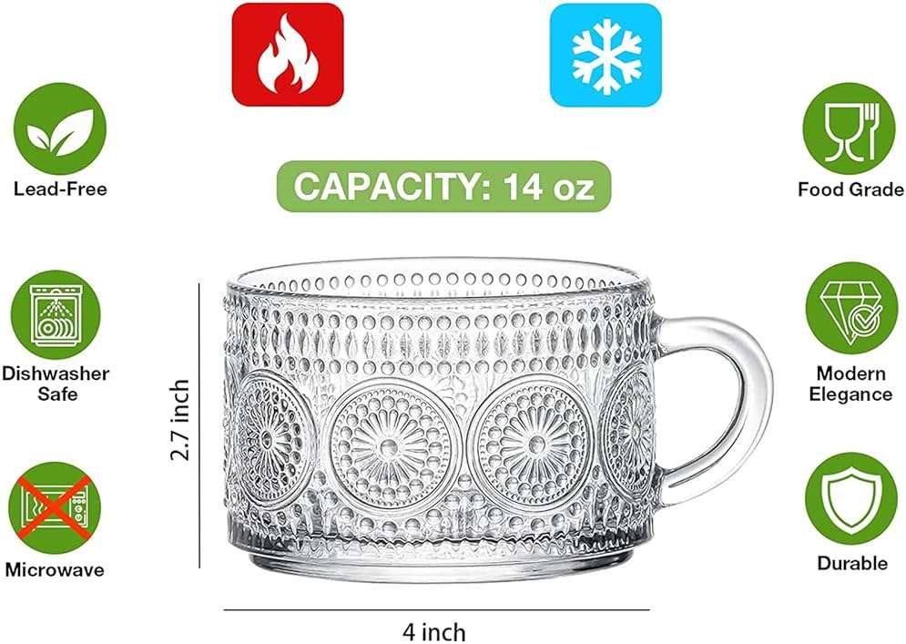 Mfacoy Vintage Coffee Mugs Set of 2, 14 oz Embossed Glass Cups with Handle, Clear Cups for Cappuccino, Latte, Cereal, Yogurt, Milk, Hot or Cold Beverages - Image 3