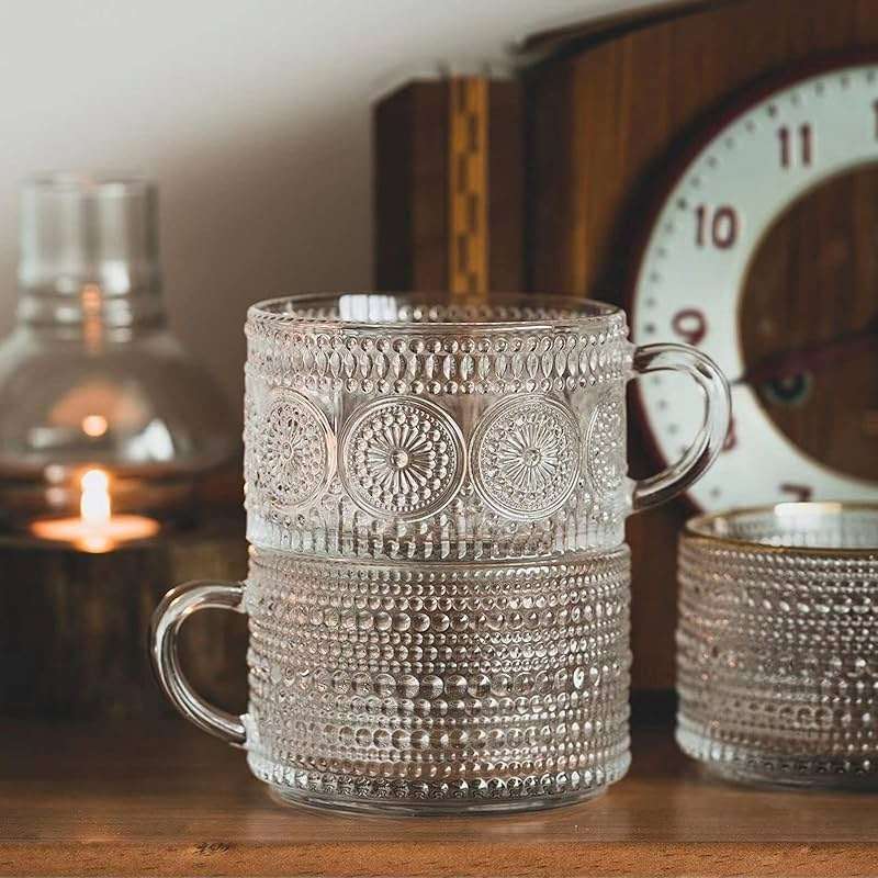 Mfacoy Vintage Coffee Mugs Set of 2, 14 oz Embossed Glass Cups with Handle, Clear Cups for Cappuccino, Latte, Cereal, Yogurt, Milk, Hot or Cold Beverages - Image 4