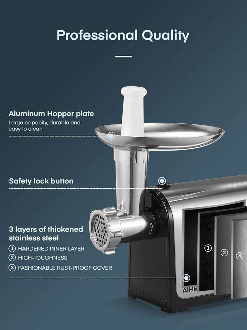 Electric Meat Grinder, Sausage Stuffer with 3 Sausage Tubes, 2 Blades, 3 Plates, 3200W Max, Meat Grinder Heavy Duty for Home Kitchen Use, Stainless Steel (Black) - Image 7