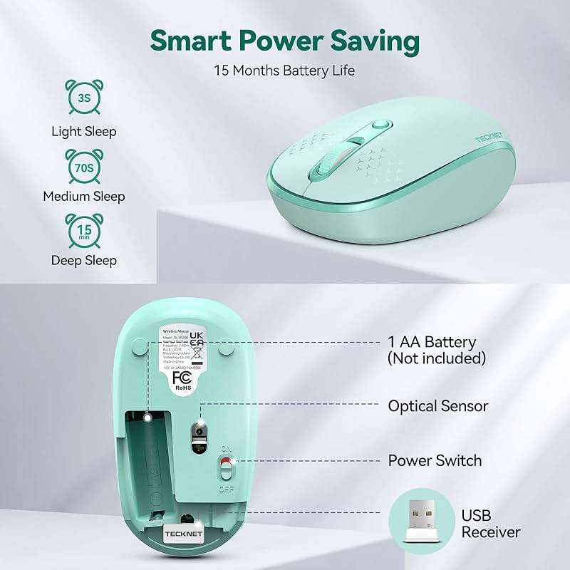 TECKNET Wireless Mouse for Laptop, 2.4G Quiet Computer Mouse with USB Receiver, 4 Buttons Portable Cordless Mice for Chromebook, Laptop, PC, Mac, 800/1200/1600 DPI - Mint Green - Image 6