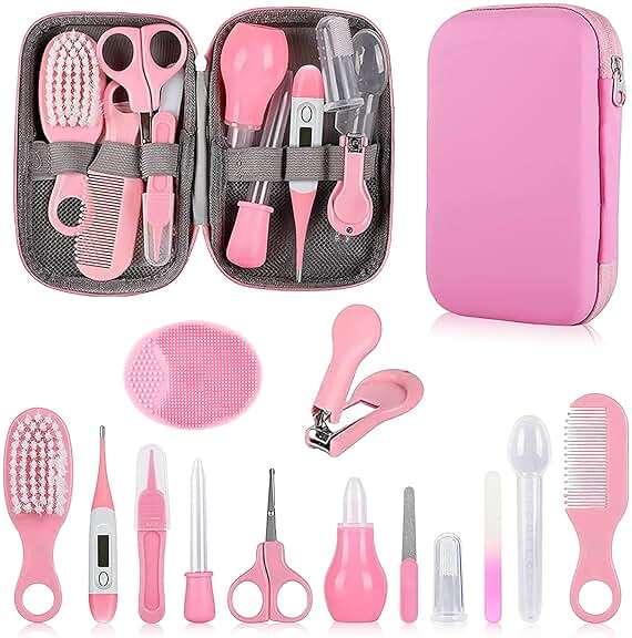 Baby Grooming Kit, Infant Safety Care Set with Hair Brush Comb Nail Clipper Nasal Aspirator,Baby Essentials Kit for Newborn Girls Boys (Pink Baby Grooming kit) - Image 1