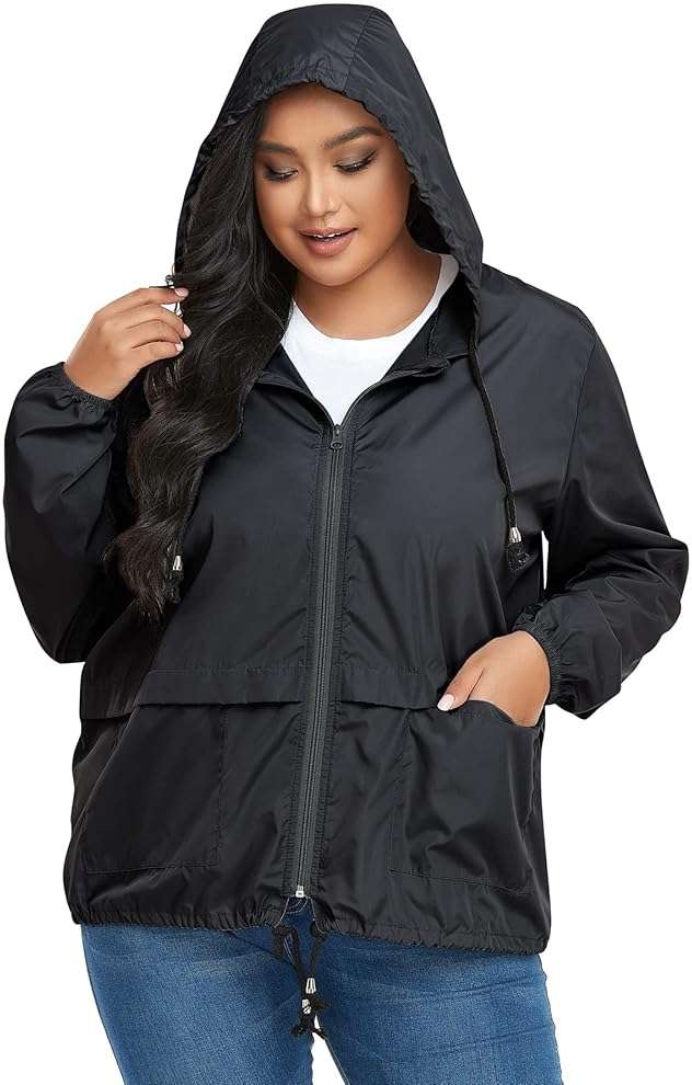 Zando Plus Size Rain Jacket Womens Waterproof - Lightweight Packable Raincoat Hooded Windbreaker Travel Rain Coat for Women - Image 2