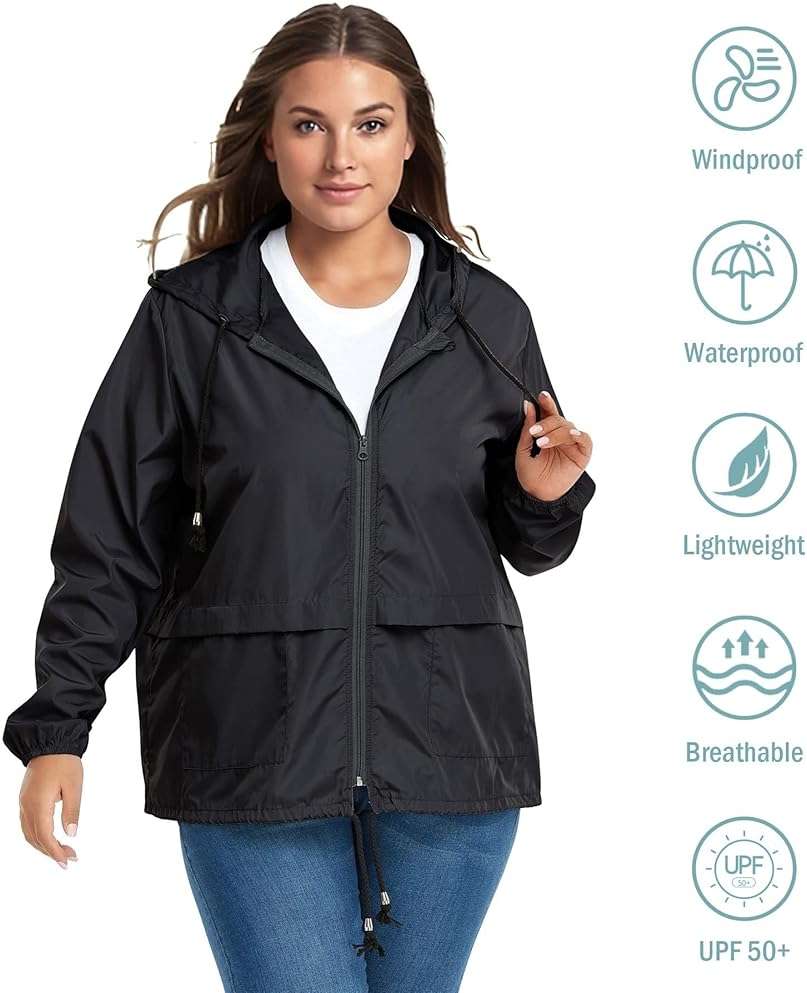 Zando Plus Size Rain Jacket Womens Waterproof - Lightweight Packable Raincoat Hooded Windbreaker Travel Rain Coat for Women - Image 5