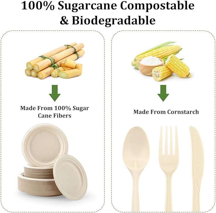 FEHHTO Compostable Paper Plates Set, 250PCS Disposable Heavy-Duty Sugarcane Plate and Eco-Friendly Utensil Biodegradable Dinnerware Plates, Extra Long Forks & Knives & Spoons for Party - Image 3