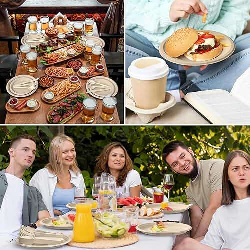 FEHHTO Compostable Paper Plates Set, 250PCS Disposable Heavy-Duty Sugarcane Plate and Eco-Friendly Utensil Biodegradable Dinnerware Plates, Extra Long Forks & Knives & Spoons for Party - Image 4