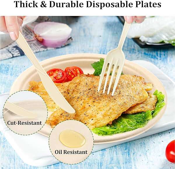 FEHHTO Compostable Paper Plates Set, 250PCS Disposable Heavy-Duty Sugarcane Plate and Eco-Friendly Utensil Biodegradable Dinnerware Plates, Extra Long Forks & Knives & Spoons for Party - Image 6