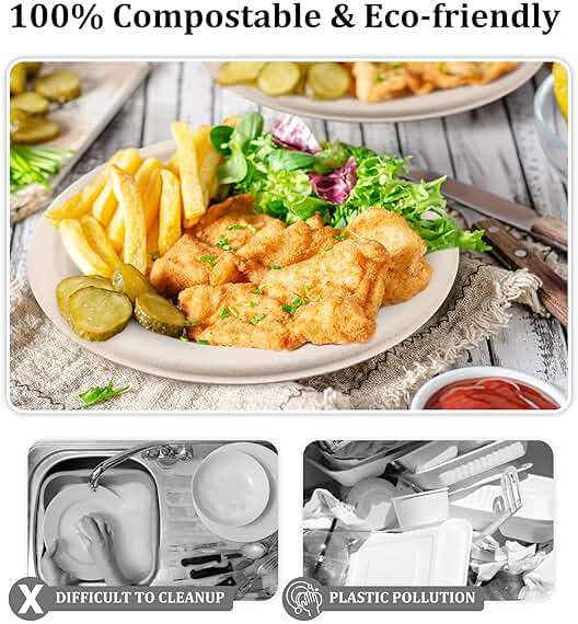 FEHHTO Compostable Paper Plates Set, 250PCS Disposable Heavy-Duty Sugarcane Plate and Eco-Friendly Utensil Biodegradable Dinnerware Plates, Extra Long Forks & Knives & Spoons for Party - Image 7