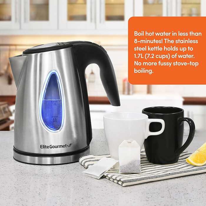 Elite Gourmet EKT-1271# Ultimate 1.7 Liter Electric Kettle – Stainless Steel Design & Cordless 360° Base, Stylish Blue LED Interior, Handy Auto Shut-Off Function – Quickly Boil Water For Tea & More - Image 2