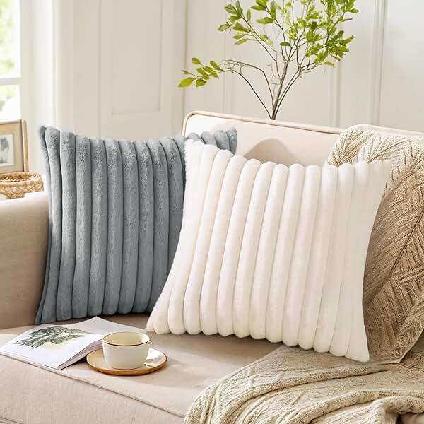 Pallene Faux Fur Plush Fall Throw Pillow Covers 18x18 Set of 2, Luxury Soft Fluffy Striped Decorative Pillow Covers for Sofa, Couch, Living Room, Cream White - Image 5