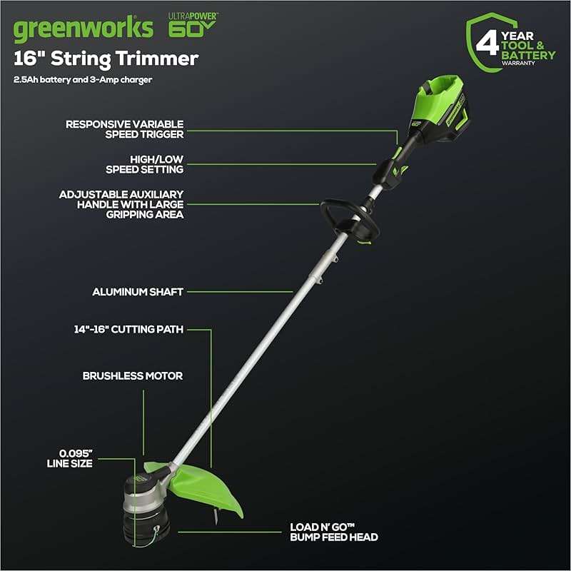 Greenworks 60V 16 Inch Brushless Cordless String Trimmer, Weed Wacker/Weed Eater with 2.5Ah Battery & Charger, Load N' Go Bump Feed, 53min Runtime, 26cc Gas Equivalent, 4 Year Warranty - Image 2