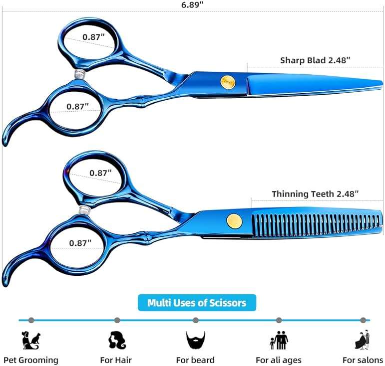 Professional Hair Cutting Scissors Sets Stainless Steel Barber Hairdressing Scissors Multifunctional Salon Thinning Scissors Straight Shears Tools for Men Women Home Use (Blue) - Image 7