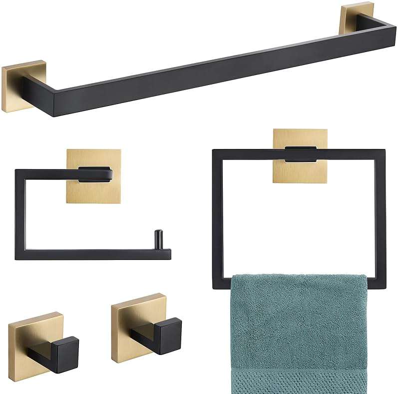 YACVCL 5 Pieces Bathroom Hardware Set, Black and Gold Towel Bar Set, 23.6 inch Towel Bar Hand Towel Holder Wall Mounted Stainless Steel - Image 1