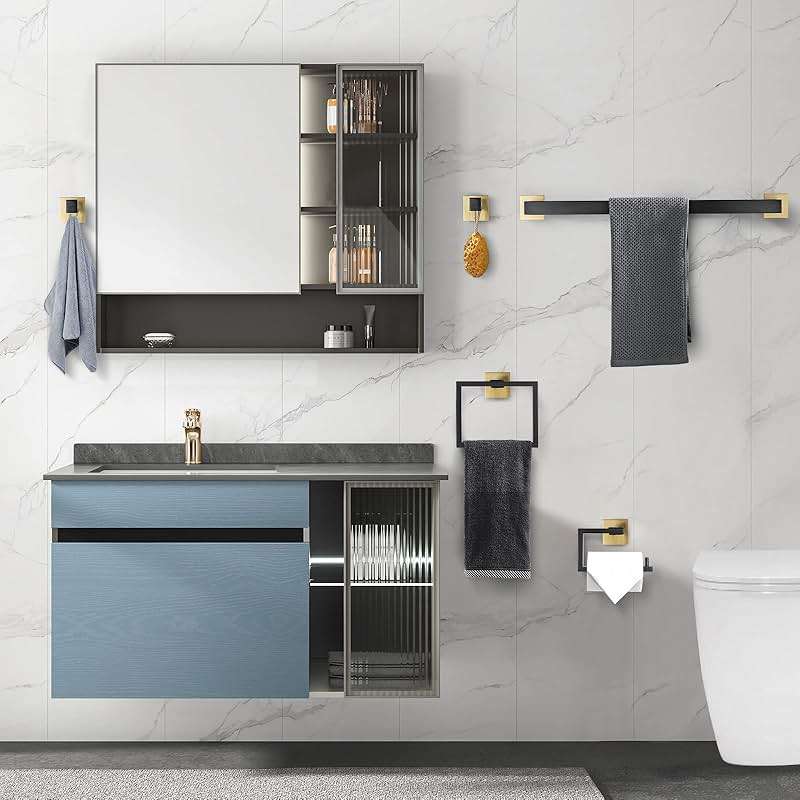 YACVCL 5 Pieces Bathroom Hardware Set, Black and Gold Towel Bar Set, 23.6 inch Towel Bar Hand Towel Holder Wall Mounted Stainless Steel - Image 2