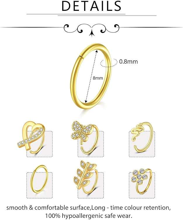 D.Bella 20G Stainless Steel Nose Rings - 20 Gauge Hoops & Studs - Flower, Heart, Diamond & L-Shaped Nostril Nose Piercing Jewelry for Women & Men - Image 3