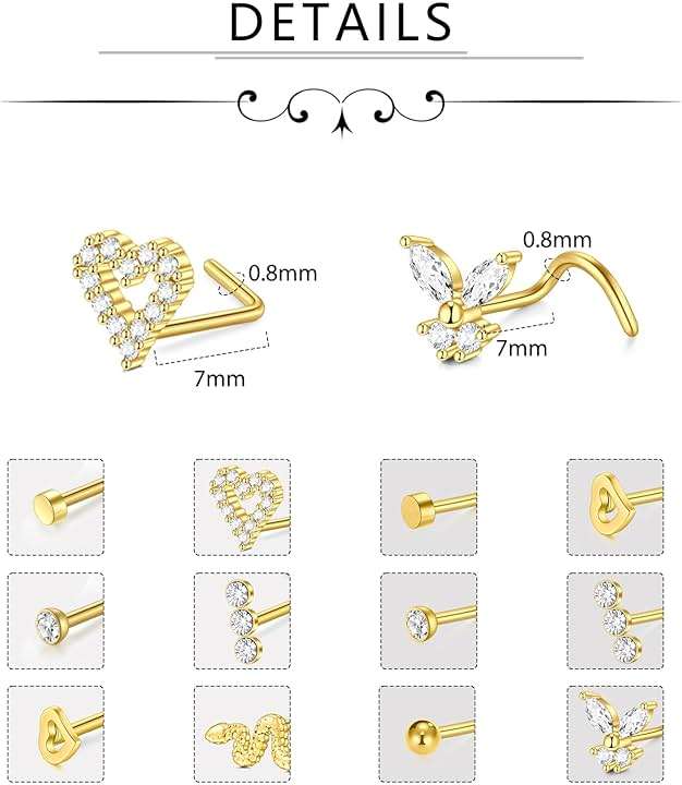 D.Bella 20G Stainless Steel Nose Rings - 20 Gauge Hoops & Studs - Flower, Heart, Diamond & L-Shaped Nostril Nose Piercing Jewelry for Women & Men - Image 4