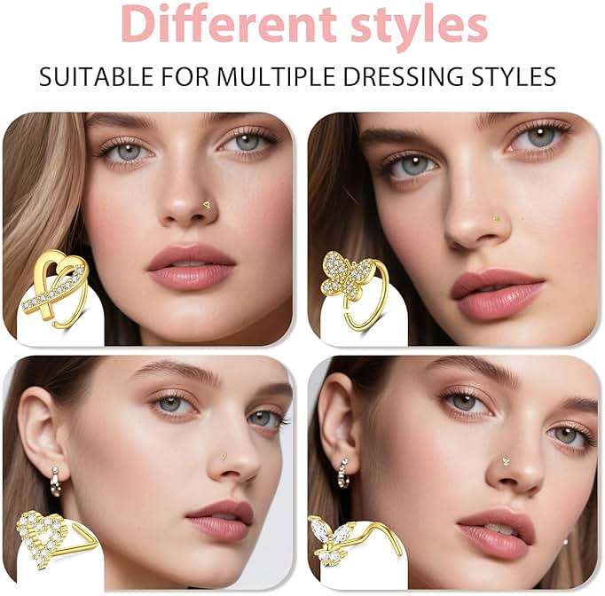 D.Bella 20G Stainless Steel Nose Rings - 20 Gauge Hoops & Studs - Flower, Heart, Diamond & L-Shaped Nostril Nose Piercing Jewelry for Women & Men - Image 5