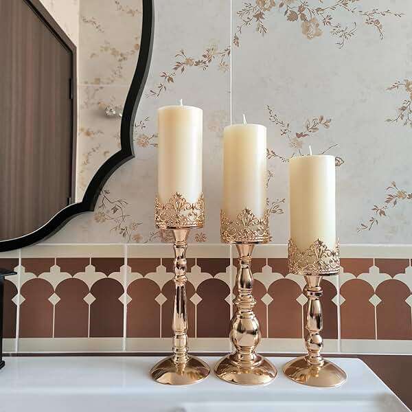 Candle Holders for Pillar Candles Set of 3 Gold Vintage Tall Candle Holders Decorative Large Table Centerpieces Candle Stand Decor - Image 2