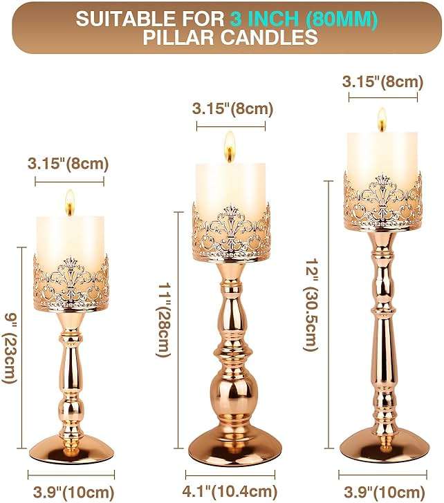 Candle Holders for Pillar Candles Set of 3 Gold Vintage Tall Candle Holders Decorative Large Table Centerpieces Candle Stand Decor - Image 3