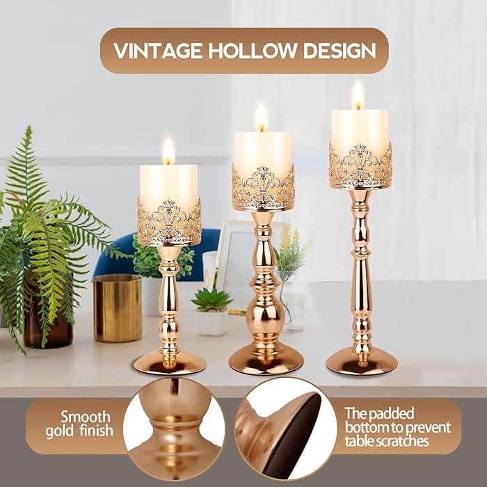 Candle Holders for Pillar Candles Set of 3 Gold Vintage Tall Candle Holders Decorative Large Table Centerpieces Candle Stand Decor - Image 4