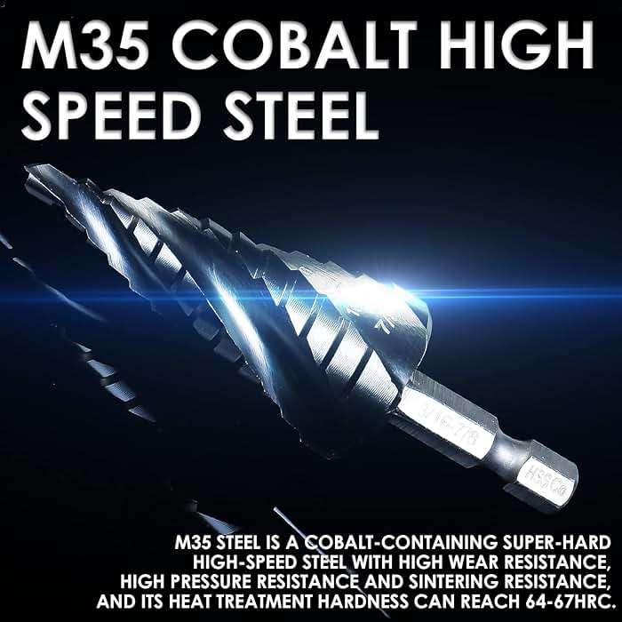 Matework M35 Cobalt Step Drill Bit Set, Four Spiral Flute Unibit Step Drill Bits (1/8"-7/8") Wear-Resistant TiAlN Coated, 1/4" Hex Shank for Metal, Carbon Steel, Stainless Steel, Wood, Plastic (3Pcs) - Image 5