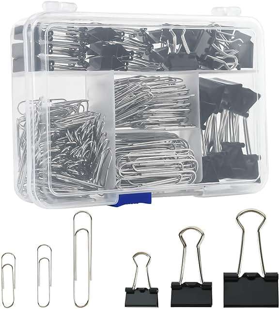Assorted Size Binder Clips & Jumbo Paper Clips Set - 340pcs Black, Large for Office & School Supplies, in Container with Compartments - Image 1