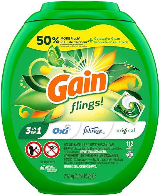 Gain flings Laundry Detergent Pacs, 112 Count, Original Scent with Oxi Boost and Febreze, 3-in-1, HE Compatible - Image 12