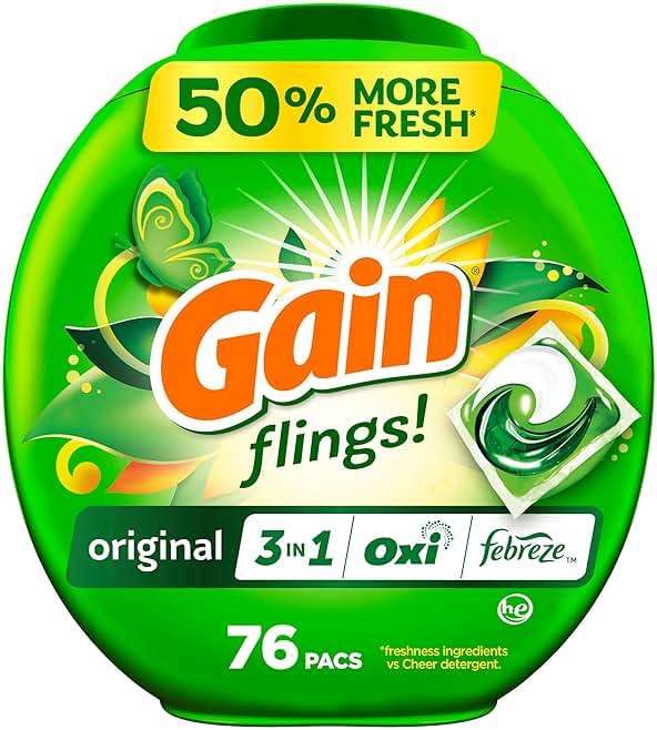 Gain Flings Liquid Washing Detergent Pacs, Now with Odor Defense + Color Guard, Original Scent, 4-In-1 Liquid Laundry Detergent Pods, Clean & Fresh, 76 Count (Packaging May Vary) - Image 1