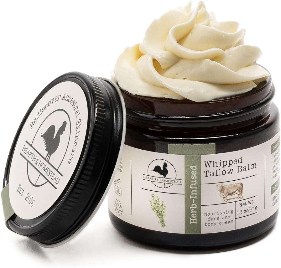 Hearth & Homestead Whipped Beef Tallow for Skin & Face - 100% Grass Fed, Eczema Cream & Body Butter - Organic Olive Oil, Calendula & Rose - Lotion & Hand Moisturizer for Dry Skin, Unscented, 1.3oz - Image 1