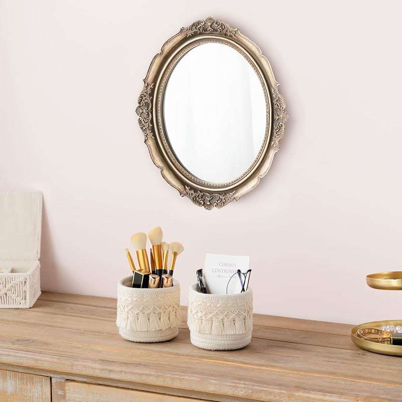 Mkono Macrame Makeup Brush Holder Organizer Comb Brushes Mini Storage Basket Set of 2 Boho Decor Baskets for Pen Pencil Box Container, X-Small, Ivory - Image 2