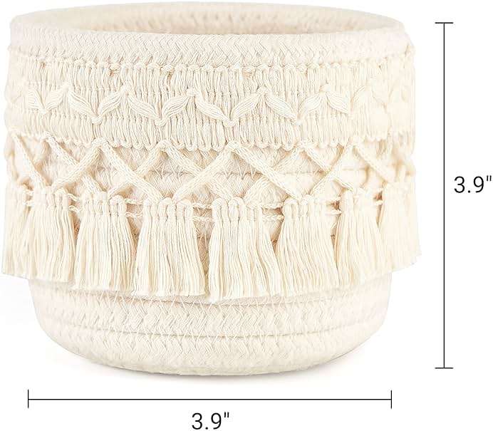 Mkono Macrame Makeup Brush Holder Organizer Comb Brushes Mini Storage Basket Set of 2 Boho Decor Baskets for Pen Pencil Box Container, X-Small, Ivory - Image 3