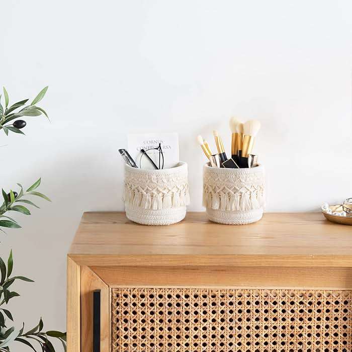Mkono Macrame Makeup Brush Holder Organizer Comb Brushes Mini Storage Basket Set of 2 Boho Decor Baskets for Pen Pencil Box Container, X-Small, Ivory - Image 4