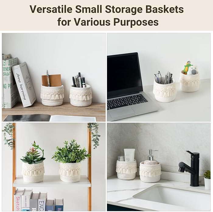Mkono Macrame Makeup Brush Holder Organizer Comb Brushes Mini Storage Basket Set of 2 Boho Decor Baskets for Pen Pencil Box Container, X-Small, Ivory - Image 5