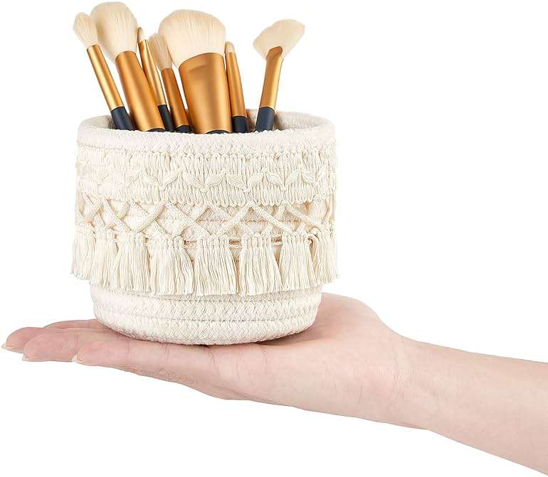 Mkono Macrame Makeup Brush Holder Organizer Comb Brushes Mini Storage Basket Set of 2 Boho Decor Baskets for Pen Pencil Box Container, X-Small, Ivory - Image 7