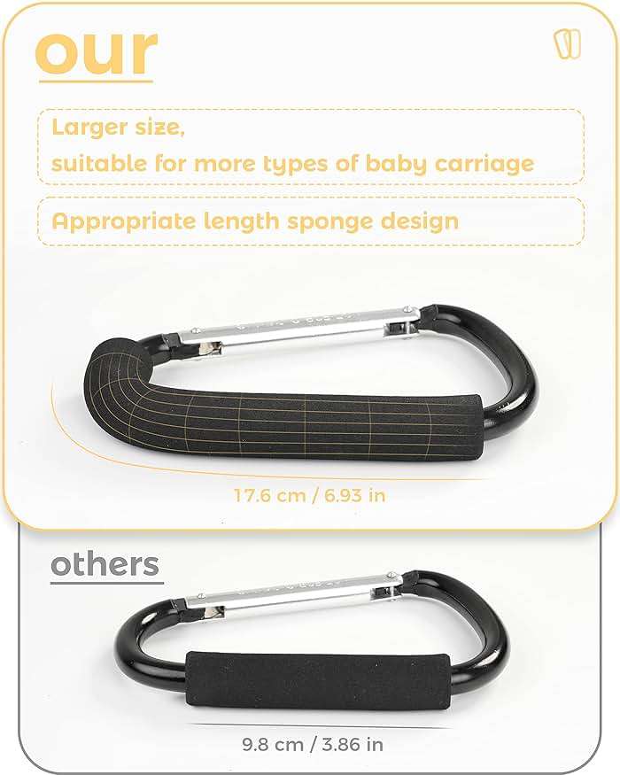 Stroller Hooks, 6.3" Large Stroller Clip, 2 Pack Stroller Hooks for Hanging Bags and Shopping, Stroller Accessories for Mommy, Large Carabiner - Image 4