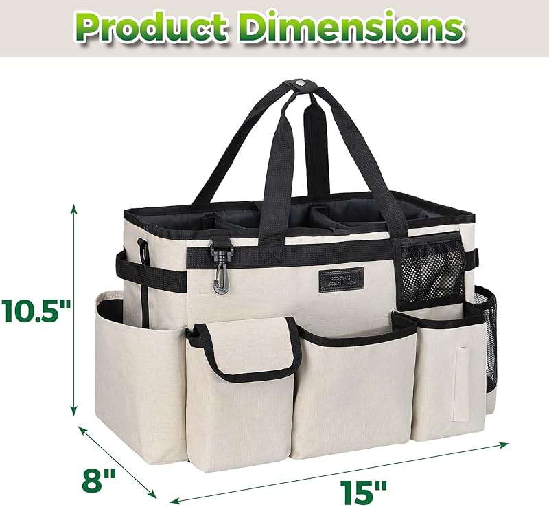 Cleaning Caddy Organizer with Handle - Large Caddy Bag for House & Bathroom Cleaning Supplies, 15 x 8 x 10.5 inches Cleaning Supply Caddy, Housekeeping Tote with Adjustable Strap - Beige - Image 2