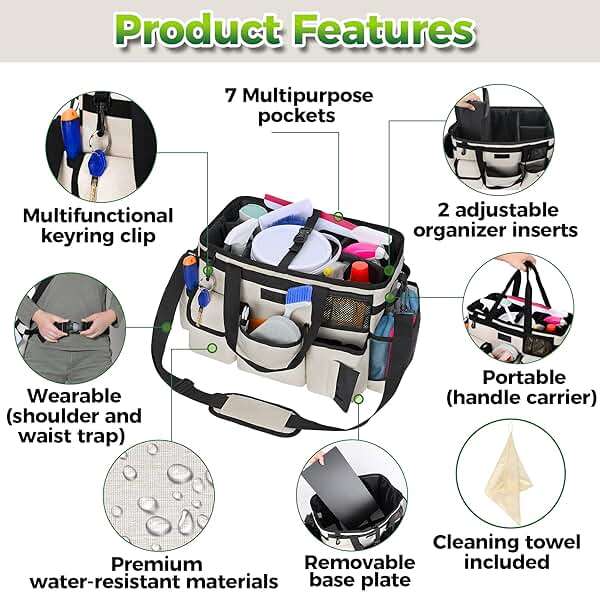 Cleaning Caddy Organizer with Handle - Large Caddy Bag for House & Bathroom Cleaning Supplies, 15 x 8 x 10.5 inches Cleaning Supply Caddy, Housekeeping Tote with Adjustable Strap - Beige - Image 4