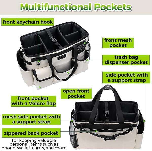 Cleaning Caddy Organizer with Handle - Large Caddy Bag for House & Bathroom Cleaning Supplies, 15 x 8 x 10.5 inches Cleaning Supply Caddy, Housekeeping Tote with Adjustable Strap - Beige - Image 5