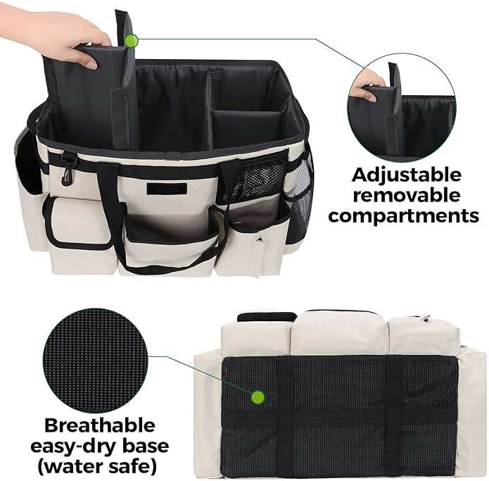 Cleaning Caddy Organizer with Handle - Large Caddy Bag for House & Bathroom Cleaning Supplies, 15 x 8 x 10.5 inches Cleaning Supply Caddy, Housekeeping Tote with Adjustable Strap - Beige - Image 6