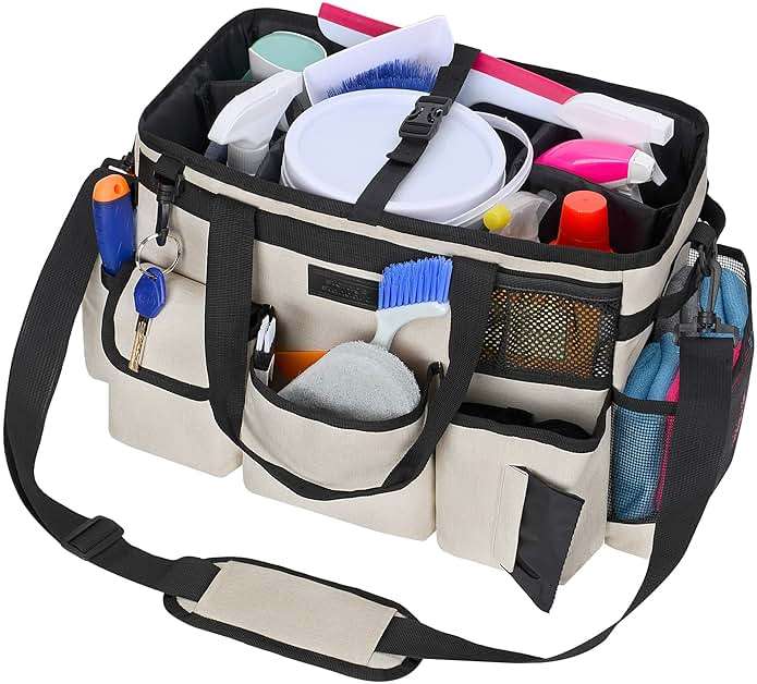 Cleaning Caddy Organizer with Handle - Large Caddy Bag for House & Bathroom Cleaning Supplies, 15 x 8 x 10.5 inches Cleaning Supply Caddy, Housekeeping Tote with Adjustable Strap - Beige - Image 9