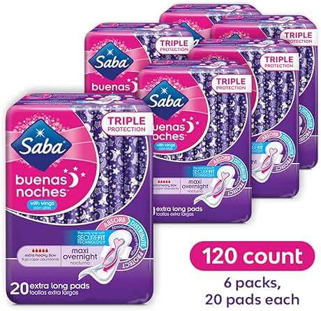 Saba Buenas Noches Overnight Maxi Pads with Wings, Built for Absorption Distribution and Protection, 6-Pack of 20 Pads (120 Count) - Image 2