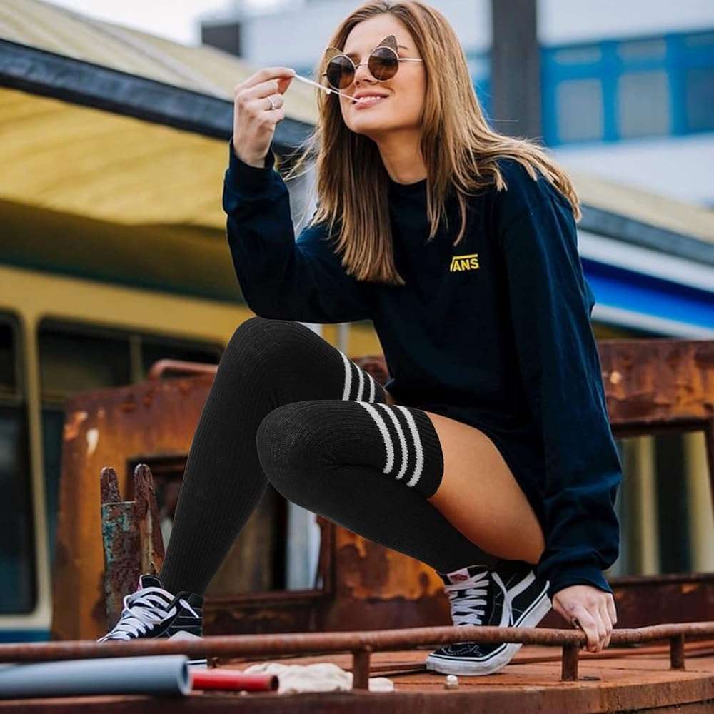 Moon Wood Women Thigh High Socks Long Over the Knee High Socks Striped above the knee Leg Warmers - Image 5
