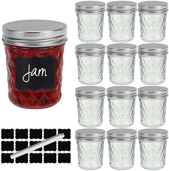 Small Mason Jars 6 oz with Airtight Silver Lids,12 Pack 200ml Glass Diamond Canning Jar,Wide Mouth Jam Jars for Jelly,Salad,Preserving,Fermenting,Wedding Favors(Labels and Chalk Marker Included) - Image 1