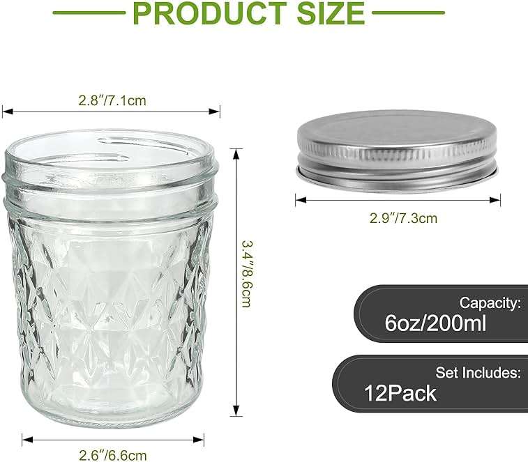 Small Mason Jars 6 oz with Airtight Silver Lids,12 Pack 200ml Glass Diamond Canning Jar,Wide Mouth Jam Jars for Jelly,Salad,Preserving,Fermenting,Wedding Favors(Labels and Chalk Marker Included) - Image 3
